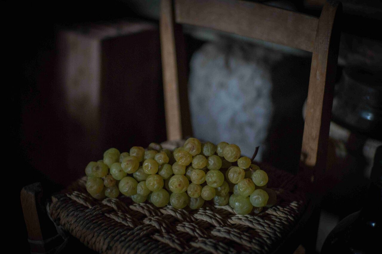 Grappoli d'uva che appassiscono su una sedia impagliata in cantina